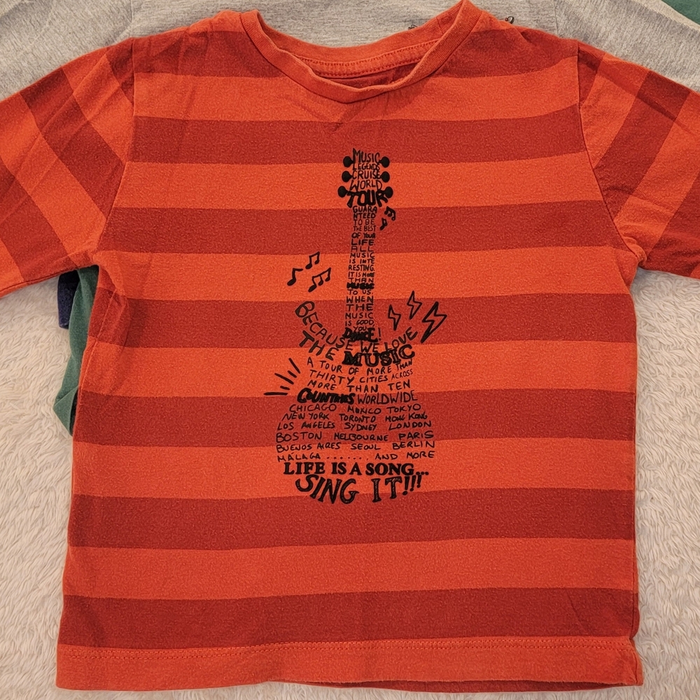 Mayoral long sleeve shirt music word cloud graphic, orange/red stripe. 100% cott